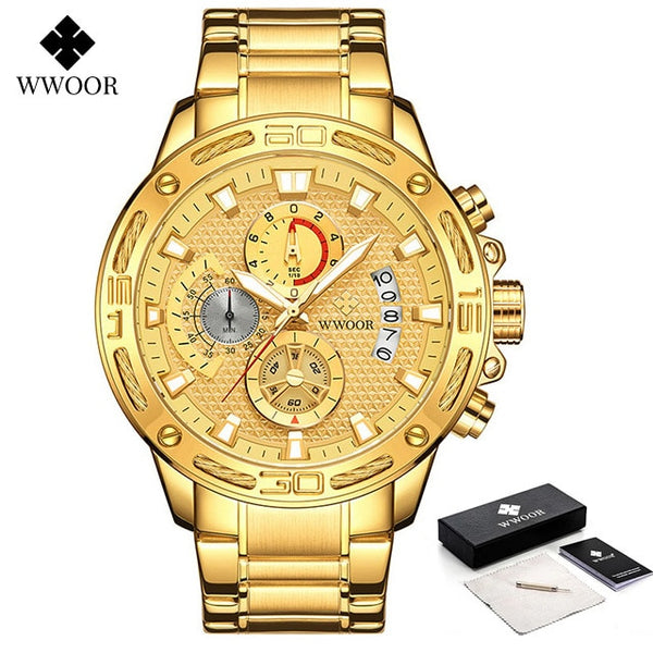 WWOOR 2021 New Men Watches Top Brand Luxury Gold Stainless Steel Quartz Watch Men Waterproof Sport Chronograph Relogio Masculino