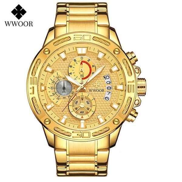 WWOOR 2021 New Men Watches Top Brand Luxury Gold Stainless Steel Quartz Watch Men Waterproof Sport Chronograph Relogio Masculino